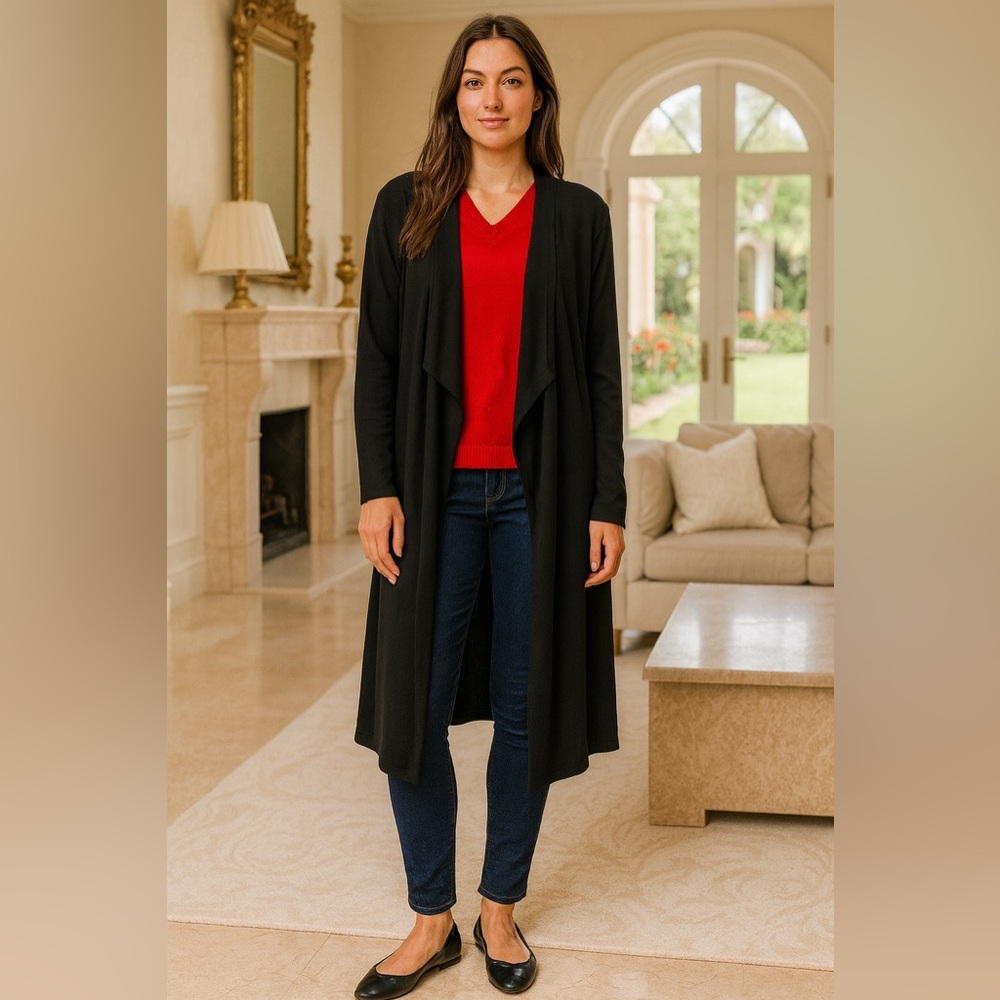 Chelsea & Theodore 40 inches long Black Cardigan Asymmetrical Open Front Large - Picture 1 of 9